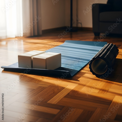 Yoga mat with foam roller and blocks on hardwood floor.