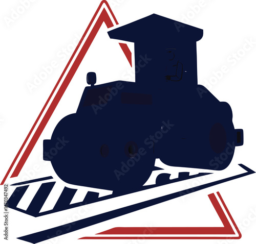 Dark blue steamroller vehicle on railroad tracks with red triangle emblem construction