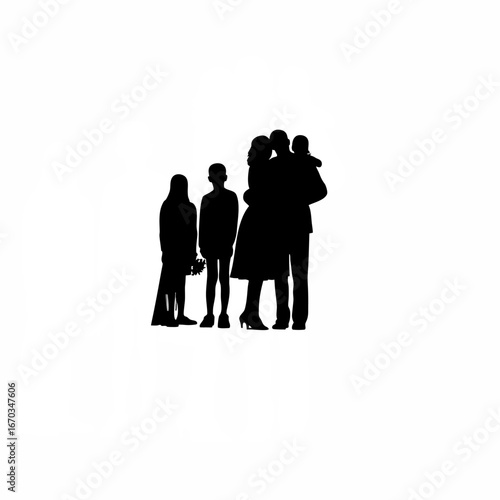 Silhouette of a family hugging together at homecoming on white background
