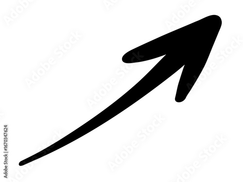 手描きのスムーズな黒いペンの矢印。抑揚のあるダイナミックなシルエット。ベクター。背景透過。右上がり