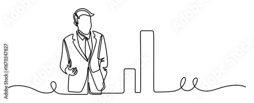 Continuous line art of a man in a business suit looking at a chart with his hands in his pockets. Vector illustration