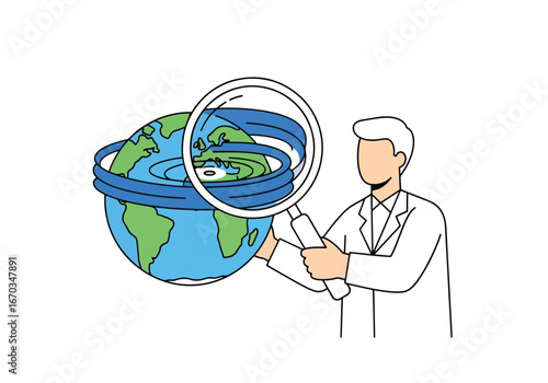 Scientist examines the Earth with a magnifying glass, highlighting water issues and environmental research.