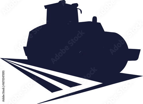 Dark blue silhouette of a steamroller on a white background vehicle construction