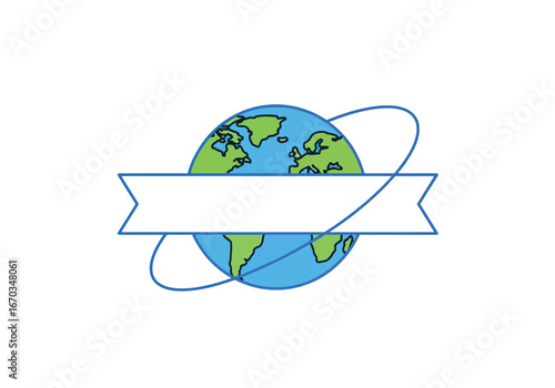 Illustration of Earth with continents, surrounded by a ring, with a blank banner across the center.