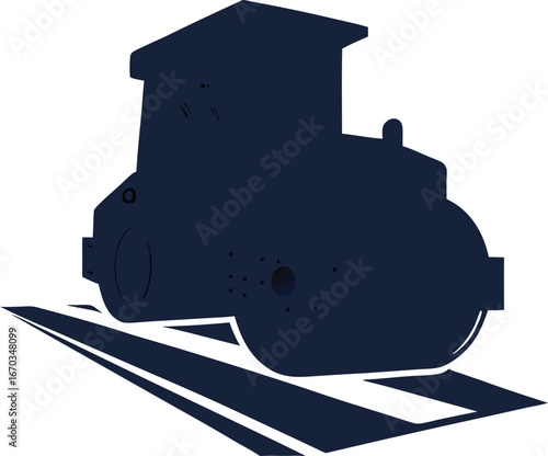Dark blue steamroller vehicle on white background with road lines construction heavy