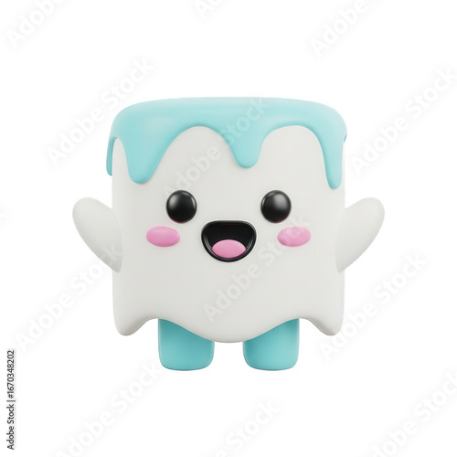 Cheerful, light-blue-drizzled marshmallow ghost cartoon character.