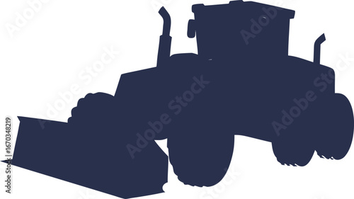 Dark blue silhouette of a bulldozer with a front loader on white background construction