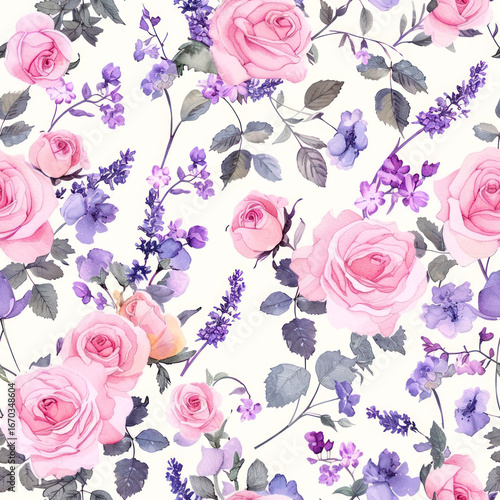 Provence Roses and Lavender Seamless Pattern. Watercolor Floral Design