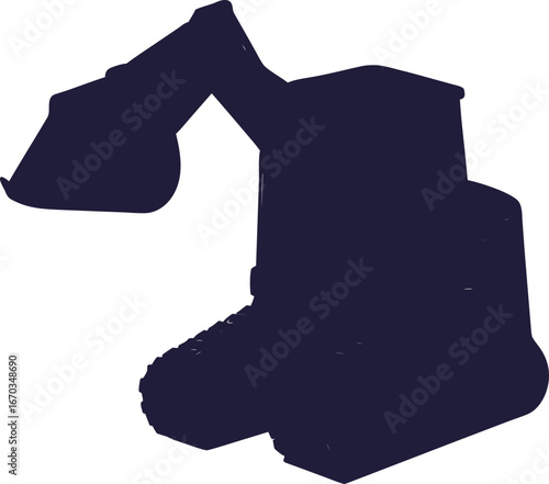 Dark blue silhouette of an excavator with a raised bucket digger construction