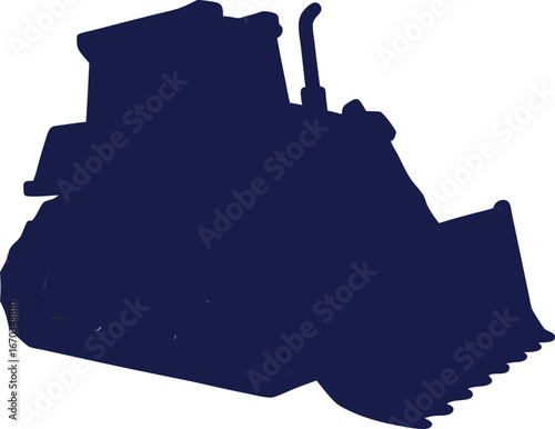 Dark blue silhouette of a bulldozer with a large front loader construction heavy