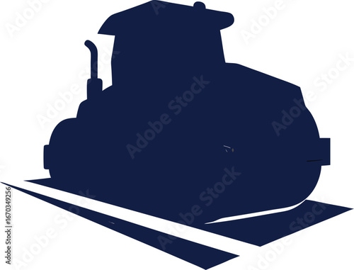 Dark blue steamroller vehicle silhouette on white background construction road