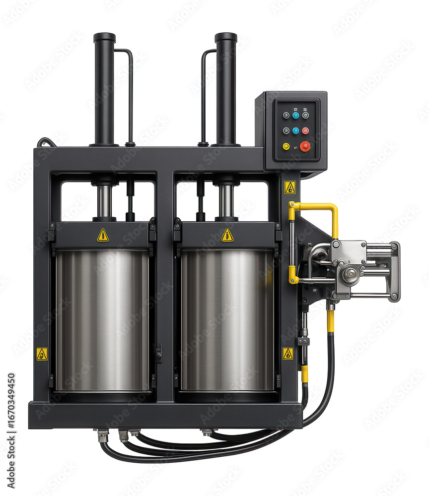 Fototapeta premium Dual-chamber hydraulic press with automatic bale tying for efficient plastic bottle processing in a recycling factory.