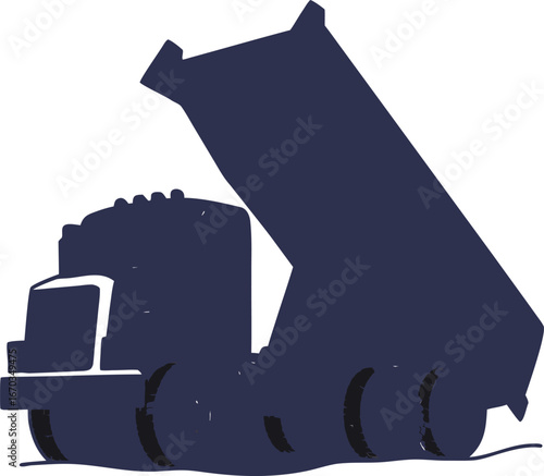 Dark blue silhouette of a dump truck with its bed raised vehicle transport