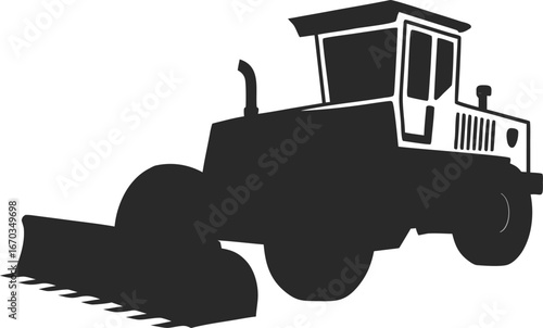 Black silhouette of a bulldozer with a large blade and cab construction heavy