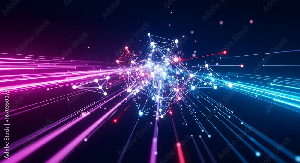 Obraz premium Colorful light trails and network connections moving at high speed, representing fast data transfer, fiber optics, or digital information flow.