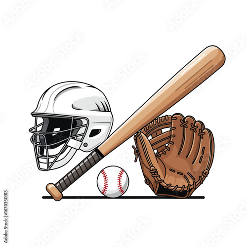 A baseball bat rests upon a baseball next to a mitt and a white batting helmet