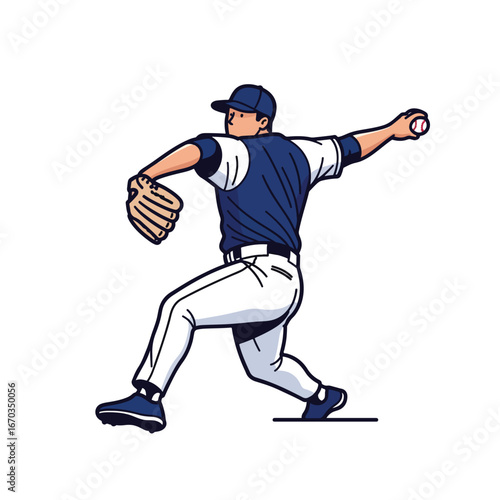 A baseball pitcher in action throwing a ball He is wearing a blue cap jersey and white pants