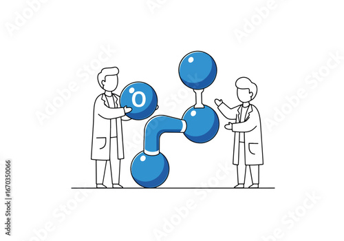 Two scientists in lab coats interact with a stylized blue molecule model, possibly oxygen, in a clean, minimalist illustration.