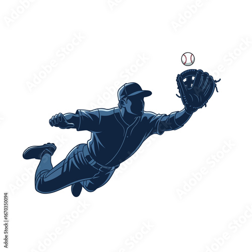 A baseball player silhouetted in dark blue diving to catch a baseball He wears a cap and glove