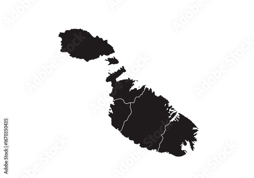 Black silhouette map of Malta, showing the country's islands and internal borders, set against a white background.