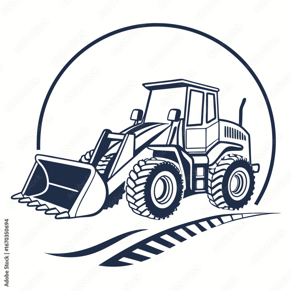 Naklejka premium Dark blue loader vehicle with bucket and tires inside a circle construction heavy