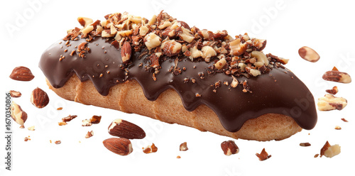 Delicious chocolate eclair topped with nuts, perfect for dessert lovers