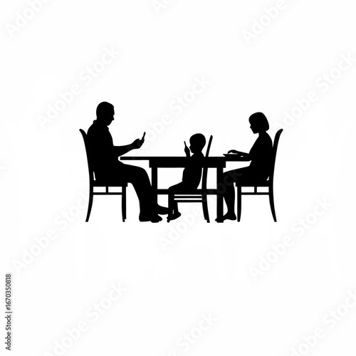 Family dinner silhouette with man ignoring phone isolated on white background
