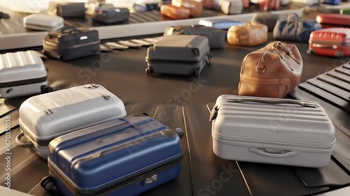 Varied luggage on a conveyor belt, suitcases and duffel bags for travel and transport