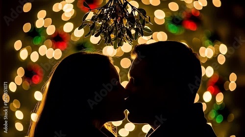 Couple silhouette kissing under mistletoe with festive out of focus lights background