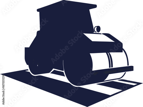 Dark blue road roller compacting white striped surface compactor construction