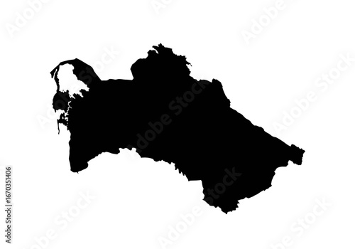 A stark, black silhouette of the country Turkmenistan, isolated against a white background.