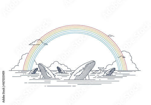 Whales breach the ocean surface beneath a vibrant rainbow and fluffy clouds, depicted in a minimalist line art style.