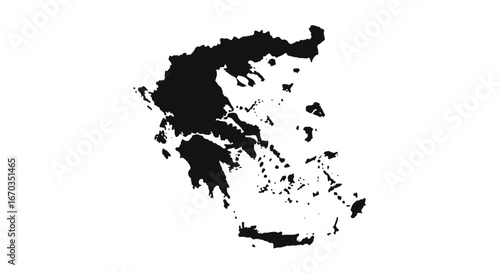 Black and white silhouette map of Greece, showcasing its mainland and numerous islands.