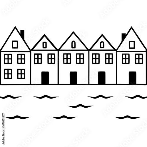 “Colorful row of European houses with reflections on water”