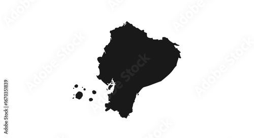 A simple black silhouette of the country Ecuador, featuring its mainland and islands.