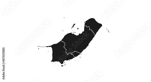 A black silhouette depicts a detailed outline of a geographical island, showing internal divisions.