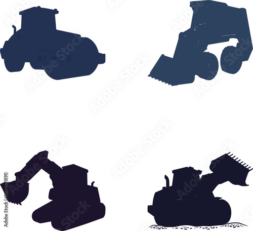 Four dark blue construction vehicle silhouettes on white background machine equipment 3