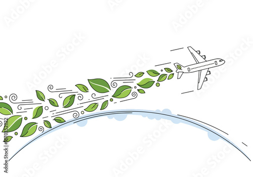An airplane flies above the earth, leaving a trail of green leaves and wind swirls, symbolizing eco-friendly travel and sustainability.