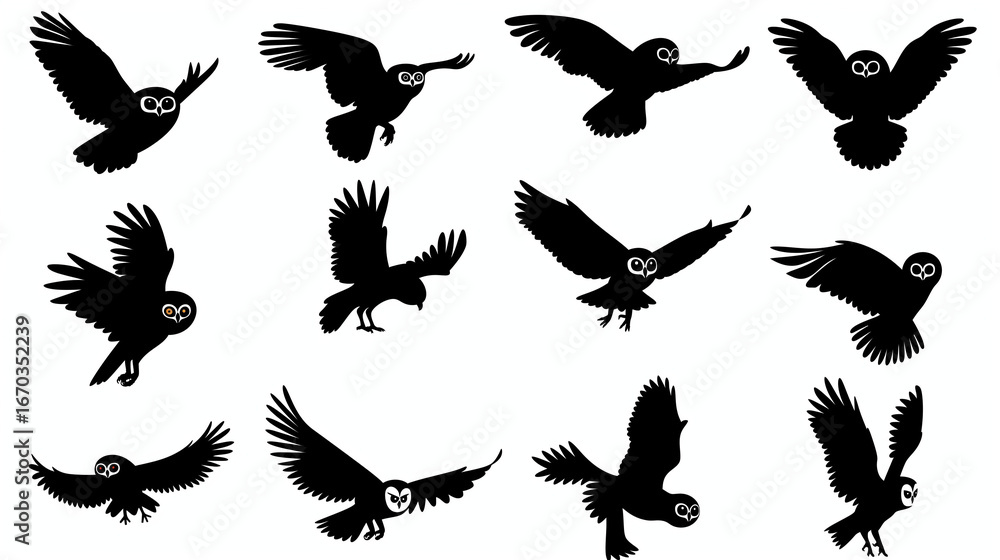 Obraz premium Owls Flying Silhouette Illustration Pattern on White Background