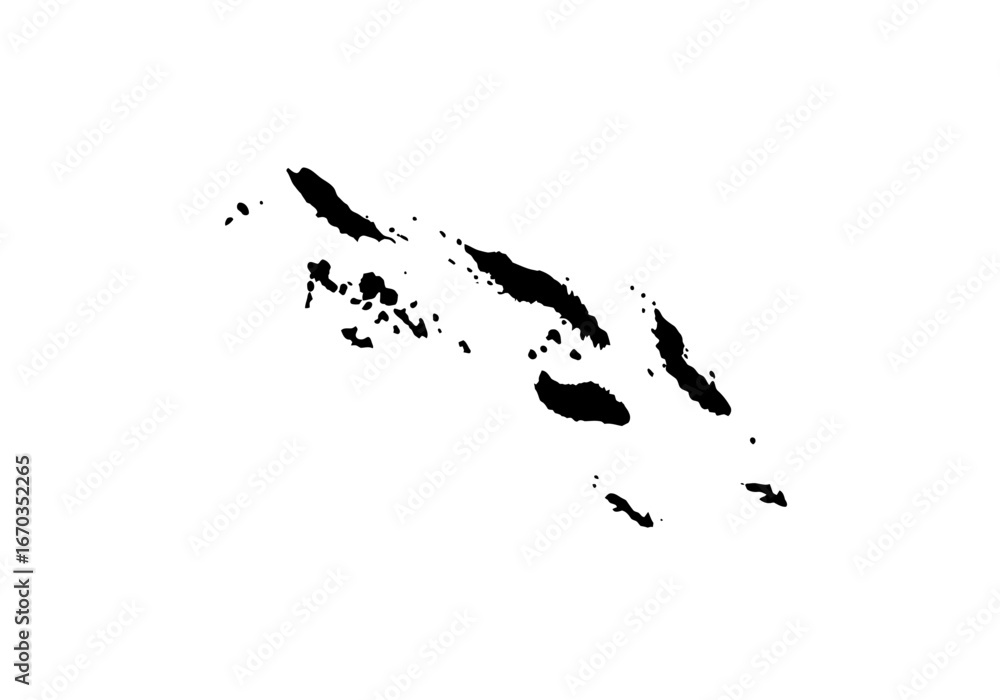 Fototapeta premium Black silhouette of the Solomon Islands archipelago against a white background, showcasing the island chain's geographical shape.