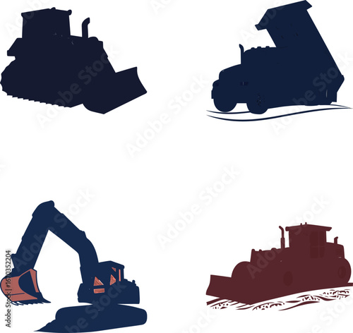 Four construction vehicles silhouettes including bulldozer excavator dump truck compactor