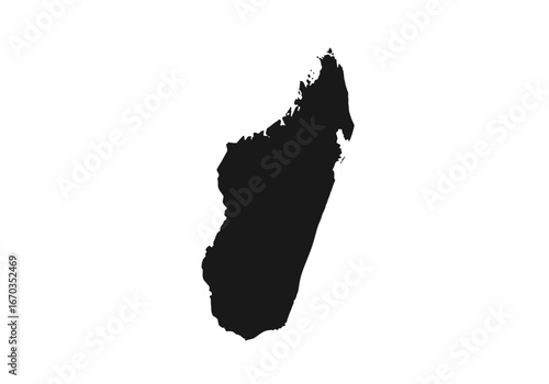 Silhouette of the island nation of Madagascar, isolated on a white background.