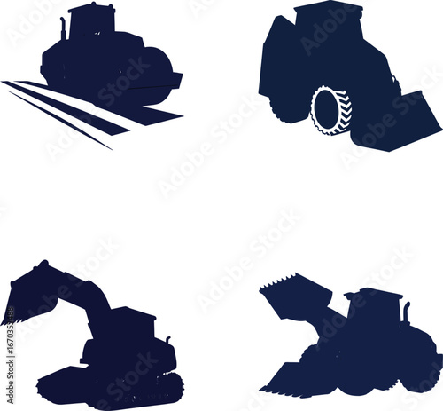 Four dark blue construction vehicle silhouettes on white background machinery heavy
