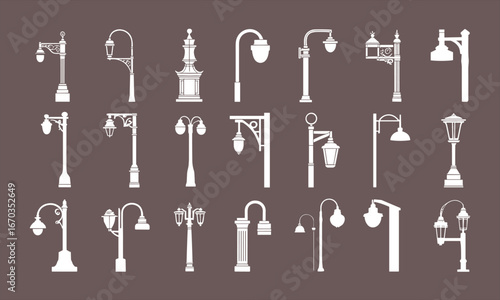 Vintage street lamp silhouettes, antique outdoor lights, decorative lamppost icons, classic urban lighting, retro streetlight designs, vector set illustration