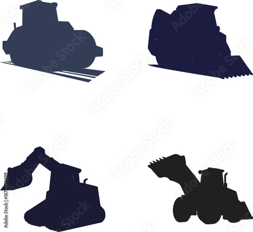 Four dark blue construction vehicle silhouettes on white background excavator bulldozer