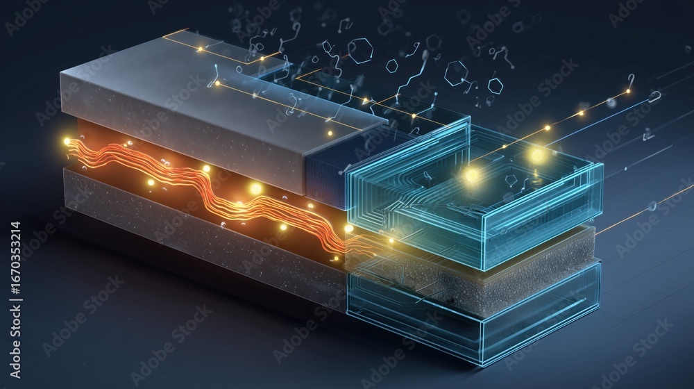 Fototapeta premium Sodium-Ion Batteries. infographic-style illustration of a sodium-ion battery cross-section, detailed layers of electrodes and electrolyte, glowing sodium ions flowing