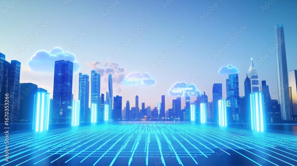 Obraz premium Futuristic Cityscape with Digital Grid and Cloud Computing