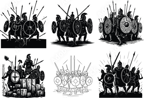 Ancient Greek Roman warrior soldiers vector set with shields, spears, battle silhouettes, historic army combat illustrations