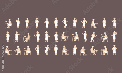 Restaurant waitress icons set, female server poses, cafe character illustration, hospitality staff vector, dining service flat design art.