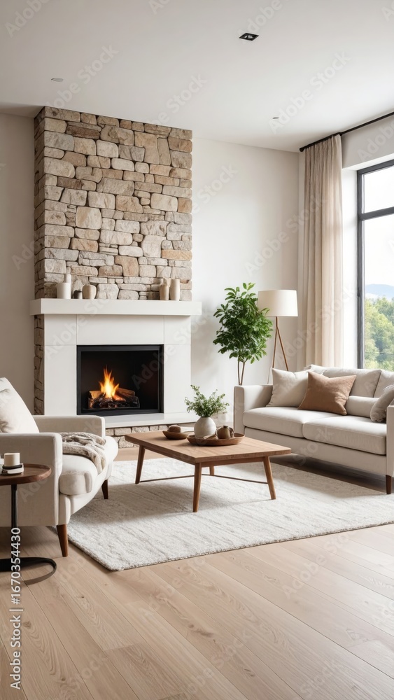 Fototapeta premium Sunlit Modern Living Room Featuring a Rustic Stone Fireplace and Cozy Neutral Decor.